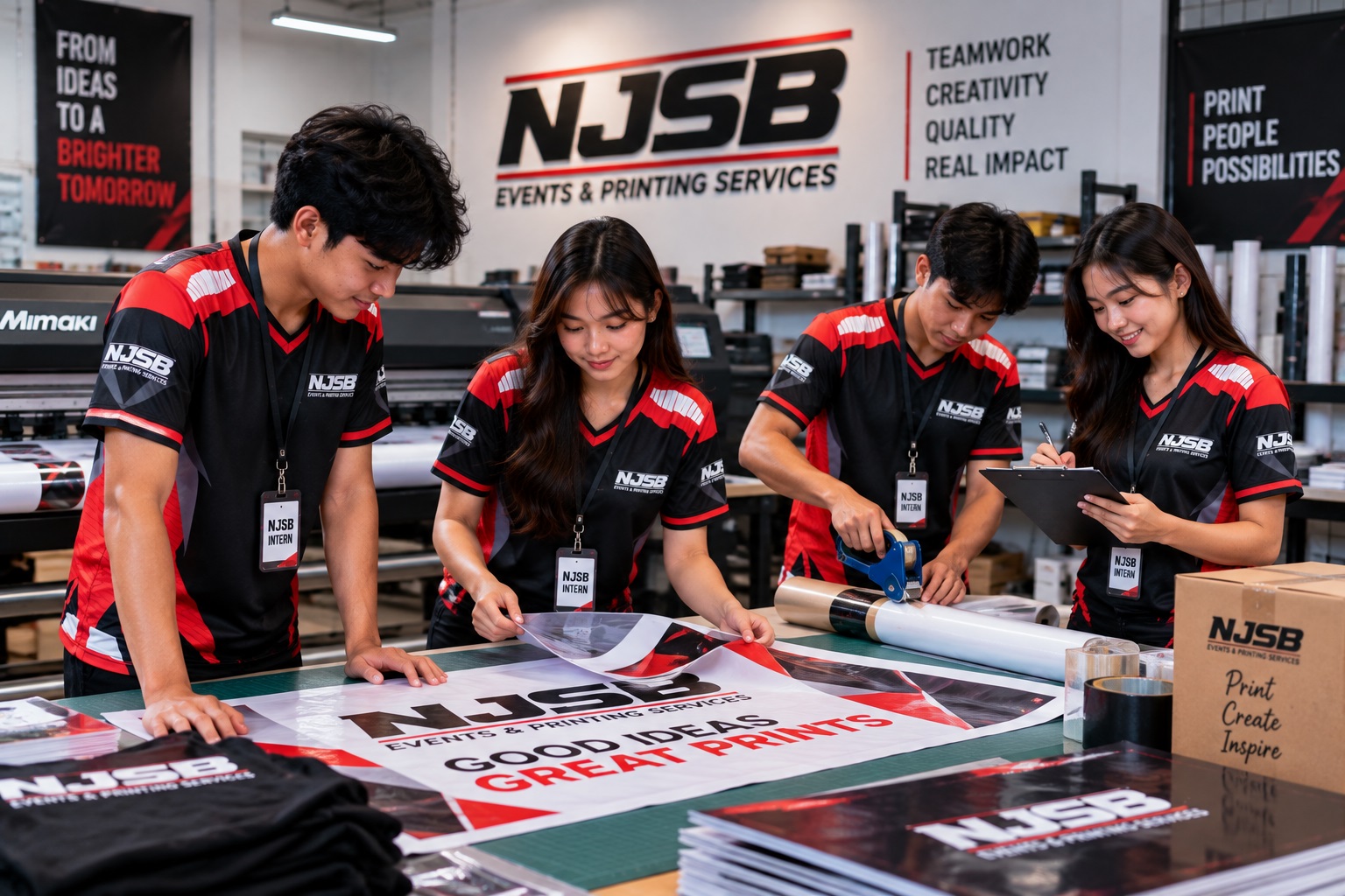 Interns learning with the production team